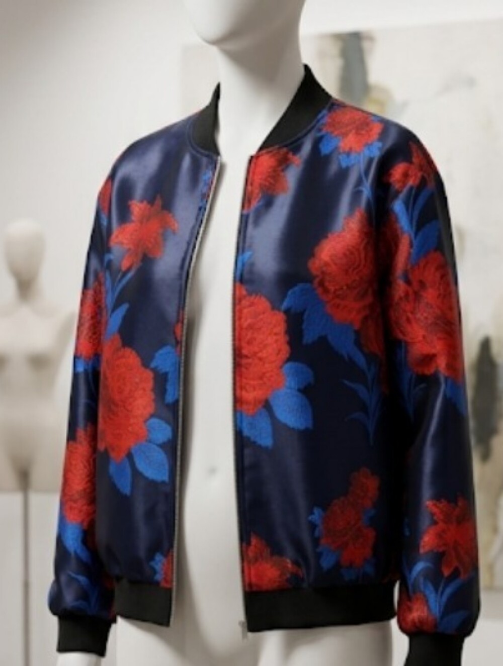 Endless Rose Brocade Style Navy Bomber Jacket with Red & Blue Floral Print (S)